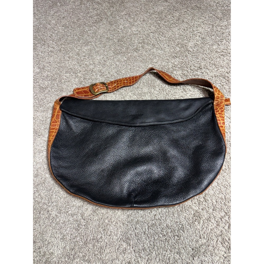 Petusco Spain Black Pebbled‎ Leather Hobo Bag Croc Embossed Trim Shoulder Bag